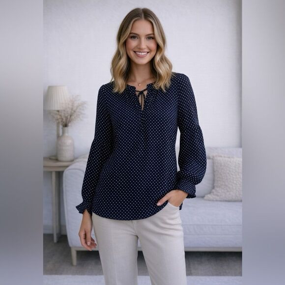 H&M Tops - H&M Women’s Black Polka Dot Blouse Tie Neck Long Sleeve Gathered Sleeve Top